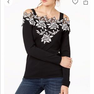 INC Black off the shoulder Sweater w/White lace appliqué- size small